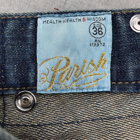 Parish Shorts Men 36W x 14L Blue Stonewash Button Fly Leather High Rise Denim - Picture 6 of 14